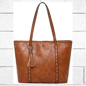 NWOT! Large Casual Faux Leather Tote Shoulder Bag w/Tassel & Gold Stud Accents